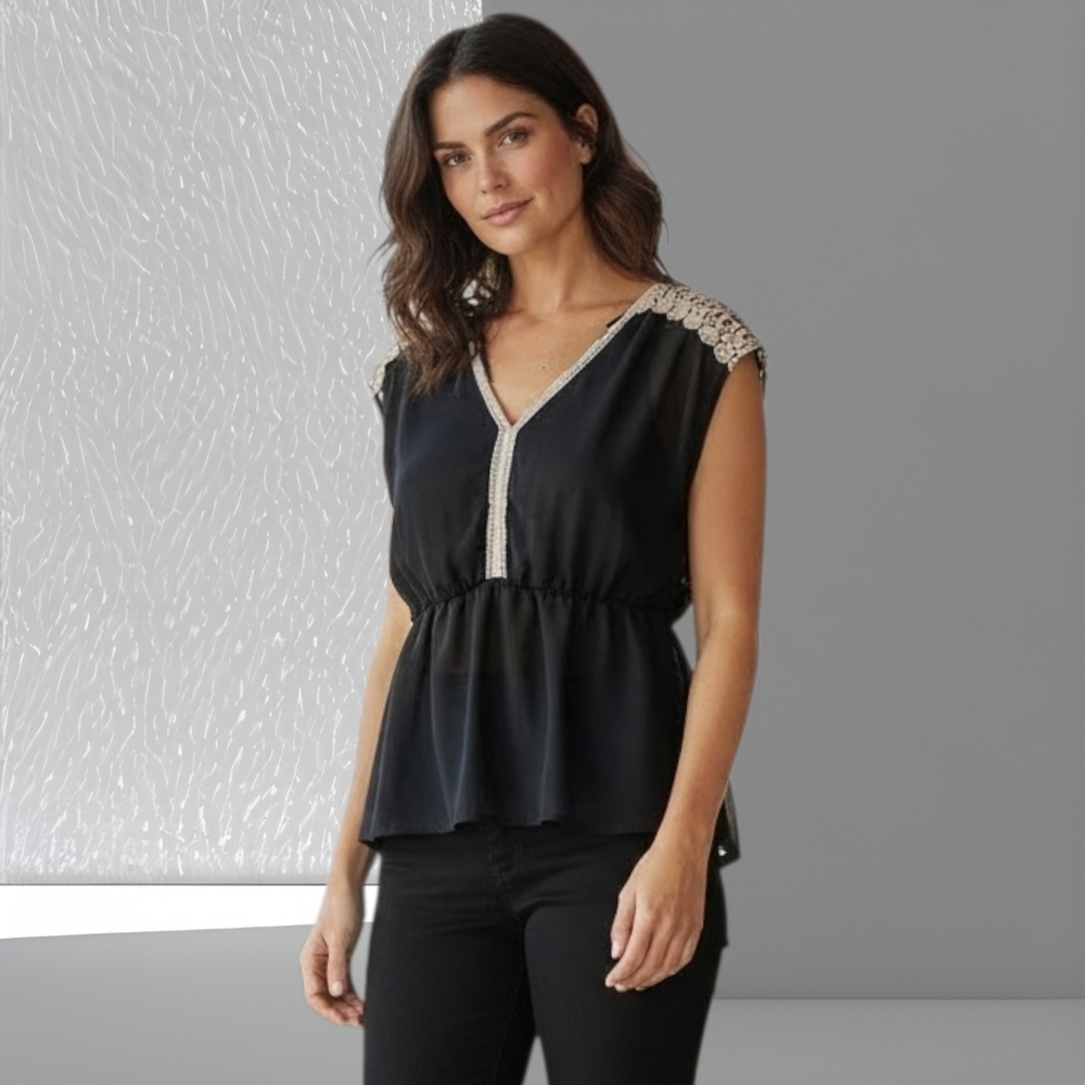 Dots Sheer Black Vneck Blouse With Crochet Trim